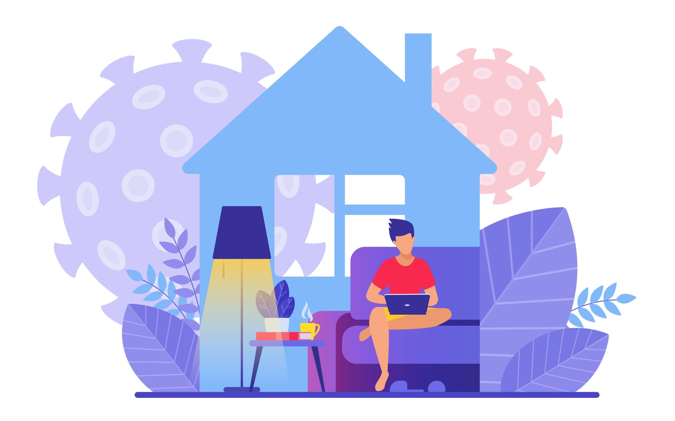 Man works at home office during covid 19, coronavirus quarantine vector illustration flat concept