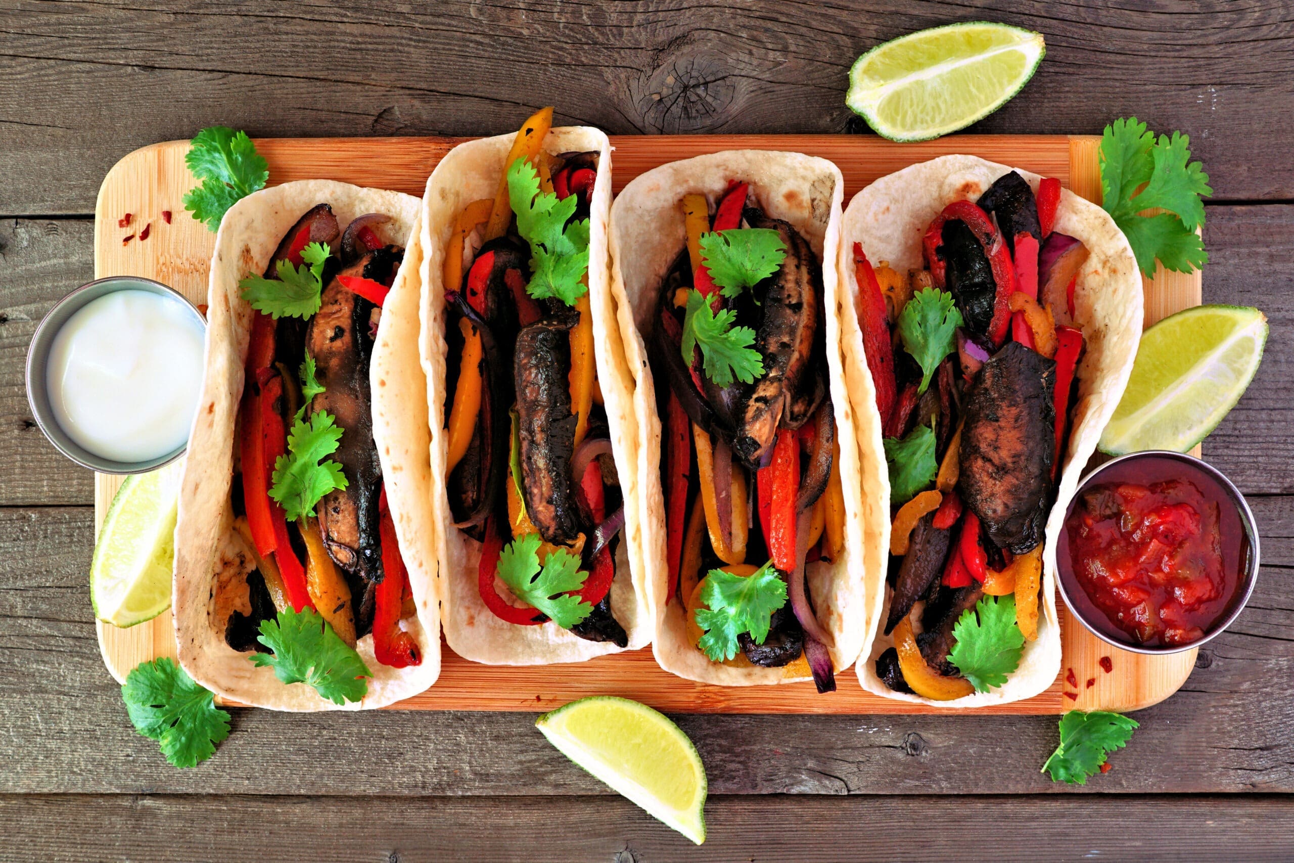 Portobello mushroom vegan fajitas. Top view on a wood background. Healthy eating, plant-based meat substitute concept.