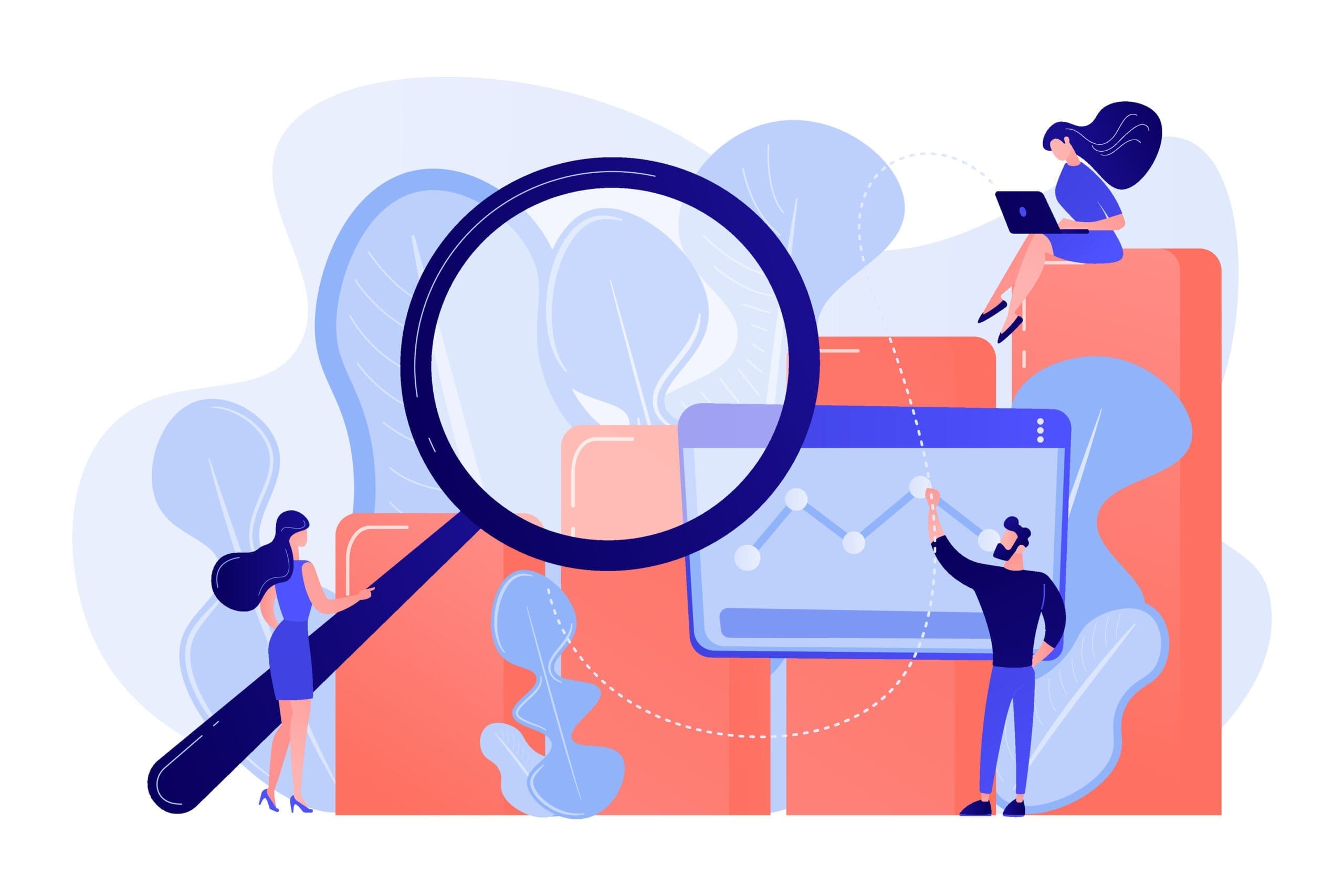 Marketers with magnifier research marketing opportunities chart. Marketing research, marketing analysis, market opportunities and problems concept. Living coral bluevector isolated illustration