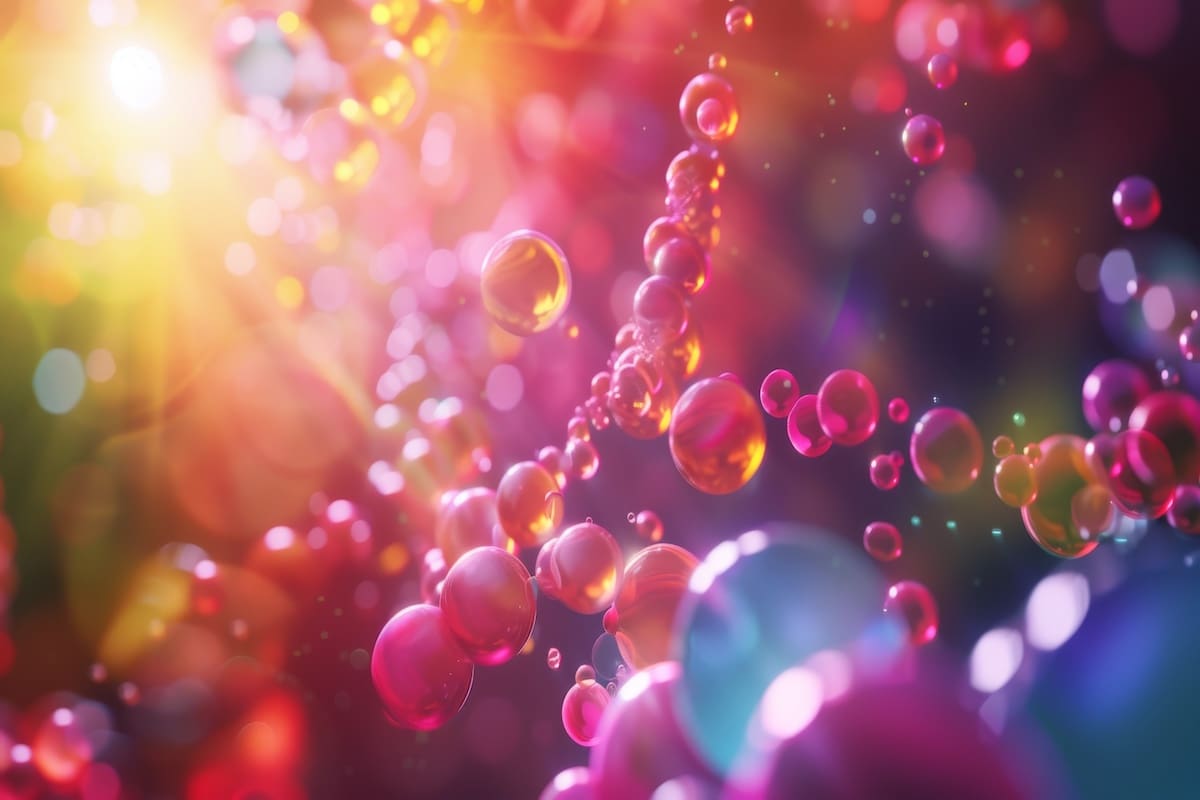 A realistic 3D image showing a vibrant and colorful vitamin molecule transforming into a smooth, radiant skin texture