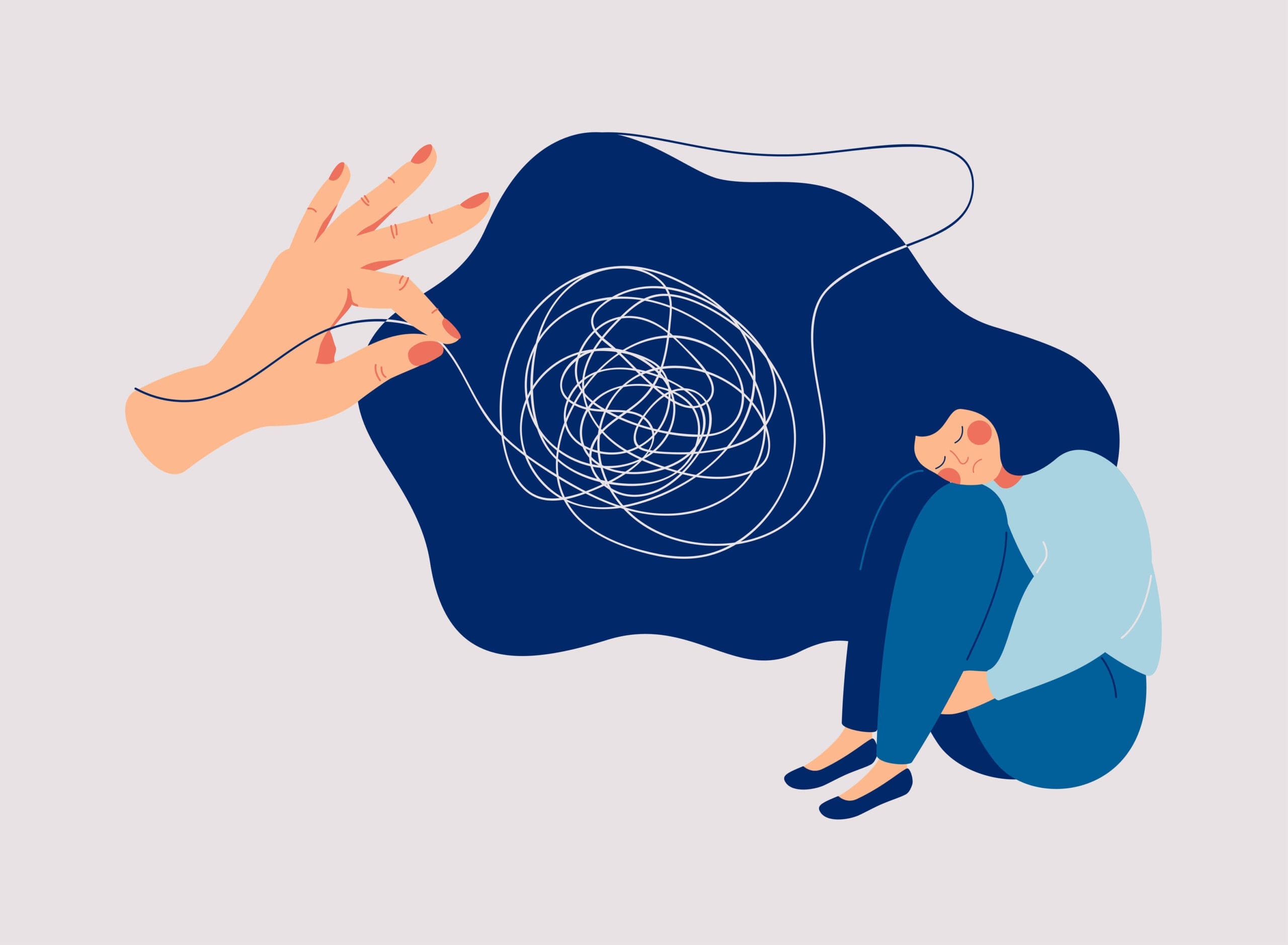 Psychotherapy and psychology help with depressive disorders. Helping hand unravels the tangle of thoughts of a woman suffering from prolonged sadness, fatigue, chronic pain, headaches or stomachaches.