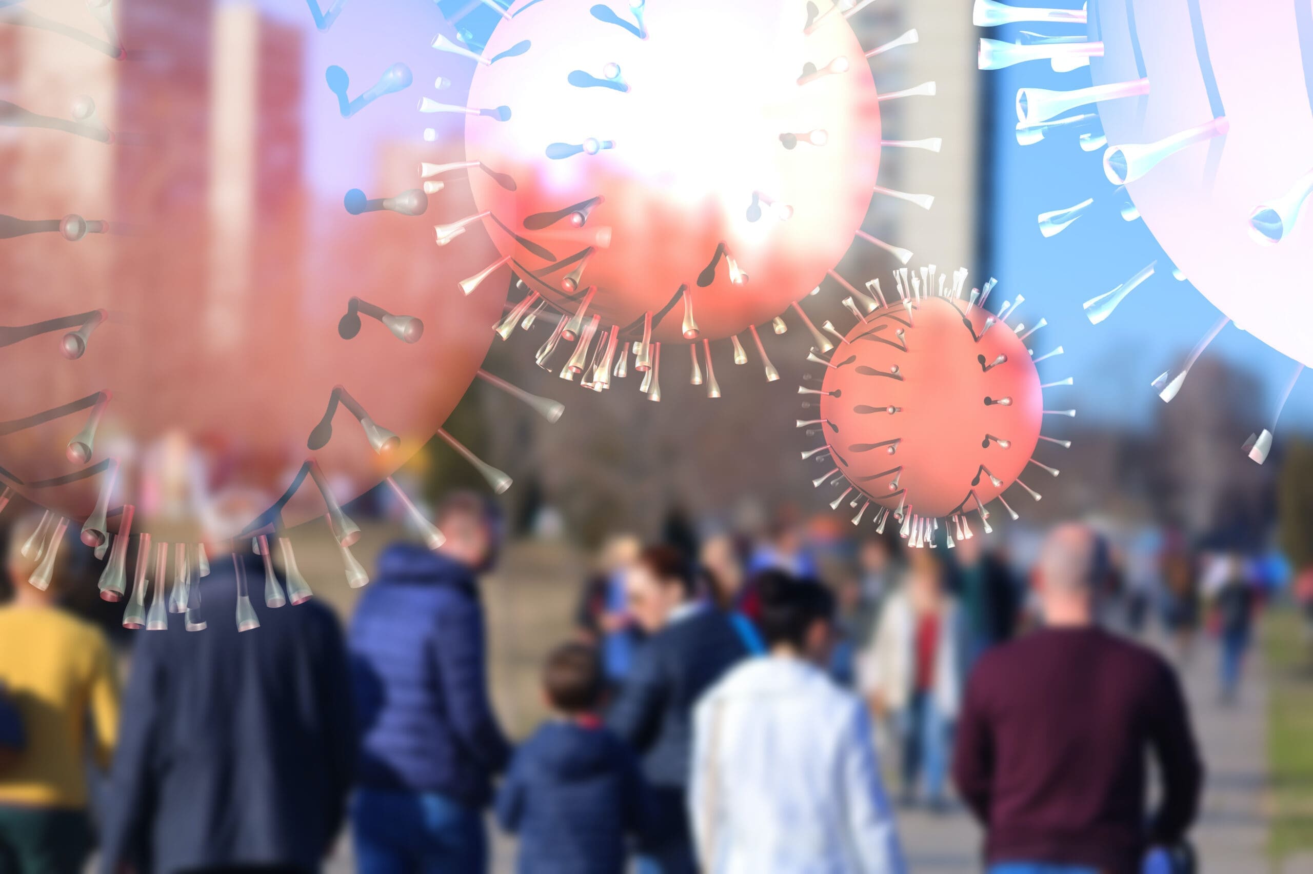 crowd of people walking unconscious of virus presence viruses